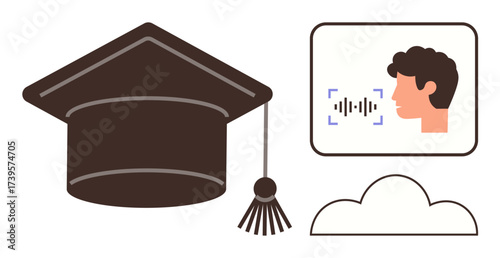 Graduation cap with tassel, voice recognition interface, and cloud element. Ideal for education, e-learning, technology, AI, innovation knowledge sharing and progress. Simple flat metaphor