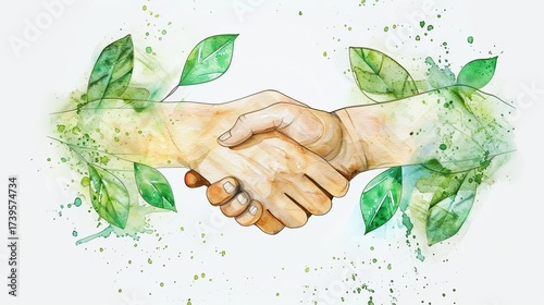 A harmonious handshake symbolizing unity and collaboration, surrounded by vibrant green leaves representing growth and harmony.