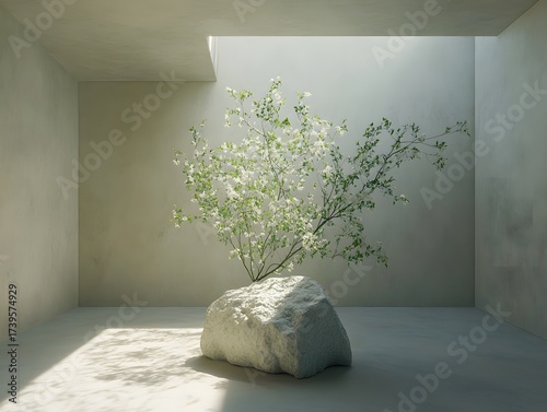 Minimalist Room with Blooming Branch on Rock