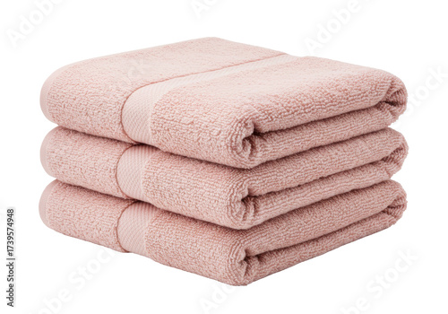 Stack of three pink cotton towels isolated, soft and absorbent bath linens for spa, bathroom, and home use on a clean background