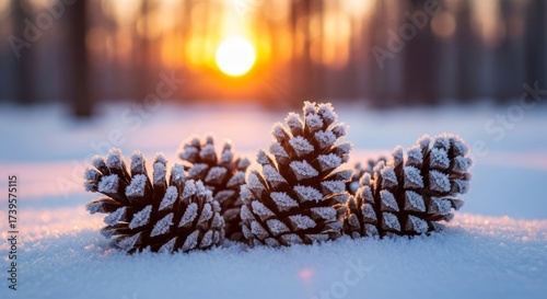 Winter pine cones in snow under a bright sunset