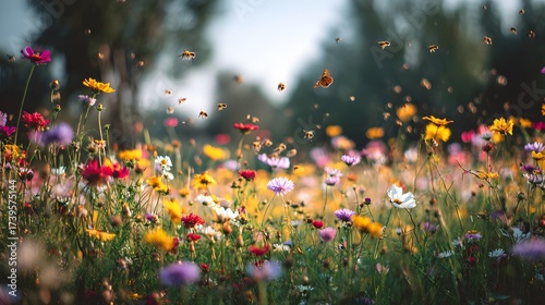A vibrant field of wildflowers blossoms under a soft, natural sunlight, showcasing an array of colorful petals, attracting various insects like bees and butterflies in a serene outdoor environment.