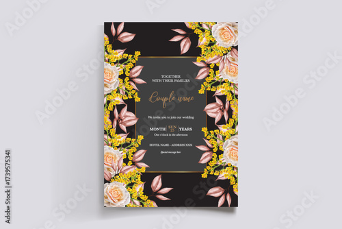 WEDDING INVITATION FRAME WITH FLOWER DECORATIONS AND FRESH LEAVES