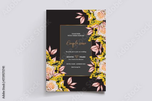 WEDDING INVITATION FRAME WITH FLOWER DECORATIONS AND FRESH LEAVES