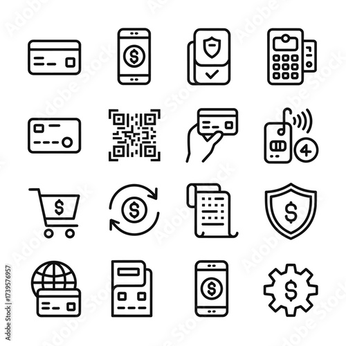 Set of payment and finance related vector icons illustrating financial transactions and digital currency solutions for business or e commerce apps