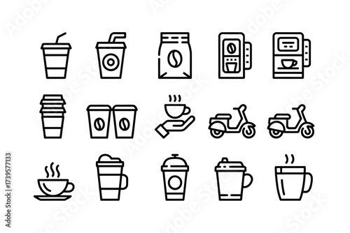 Coffee delivery service concept with various hot and cold drinks and scooter delivery vehicle