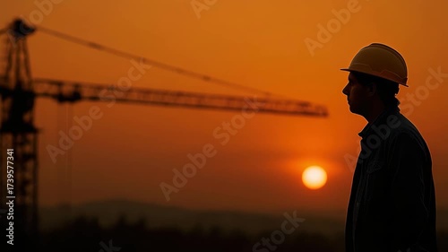 A silhouette of a construction worker in a hard hat stands against a stunning sunset, symbolizing hard work and determination in the construction industry.