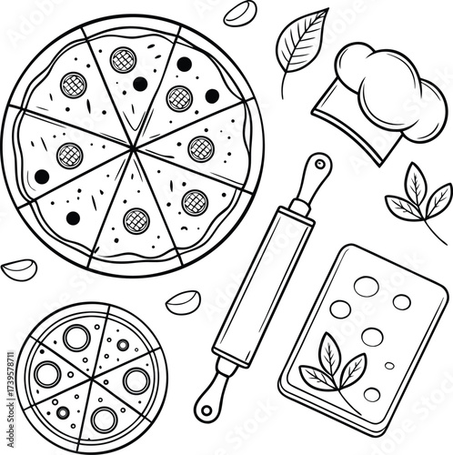 Pizza and Cooking Ingredients Line Art Illustration