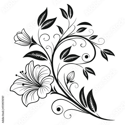 Elegant black and white floral design with swirling vines and bell flowers