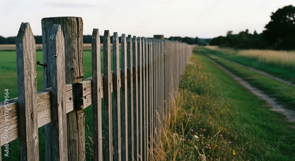 Fototapeta premium Close up of an old wooden picket fence separating a green field from a dirt path. Rural landscape with agricultural farm boundary.