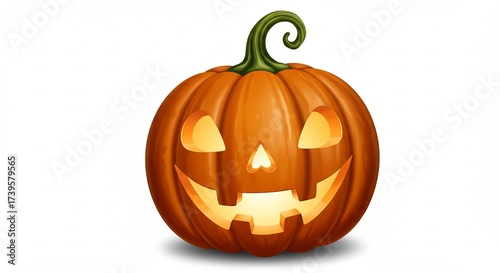 A vibrant orange pumpkin is intricately carved into a friendly jack-o'-lantern, glowing brightly with light from inside, featuring an appealing green stem.