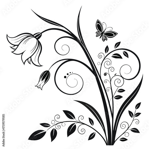 Elegant black and white floral design with swirling vines and bell shaped flowers