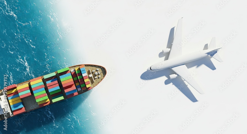 Fototapeta premium A large cargo ship floats on blue ocean water beside a white airplane showing worldwide shipping by air and ocean routes.