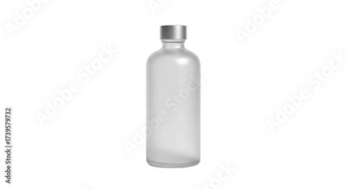 Elegant frosted glass bottle with silver cap, isolated on a stark black background.