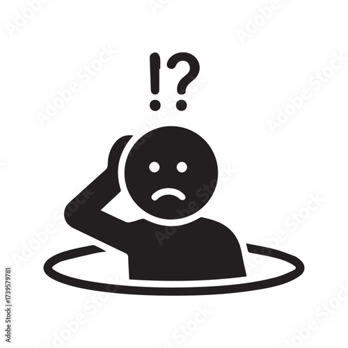 Confused Person Emerging from a Hole Icon, Stick Figure with Question Marks Symbolizing a Trap, Problem, or Discovery.
