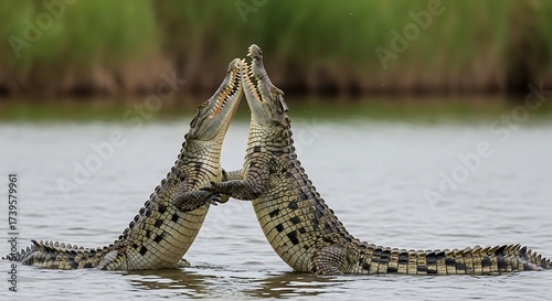 Two crocodiles facing each other in water with mouths open.