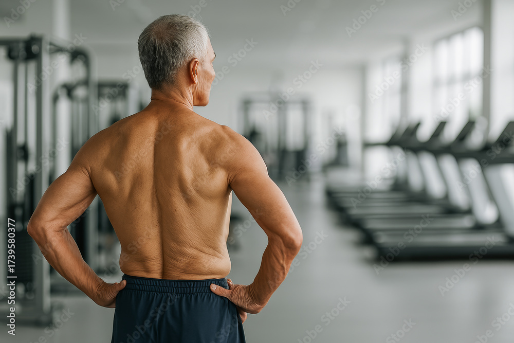 Fototapeta premium Senior athlete exercising in gym, emphasizing fitness and strength in an active lifestyle, concept of health, workout motivation, agility for older adults, copy space