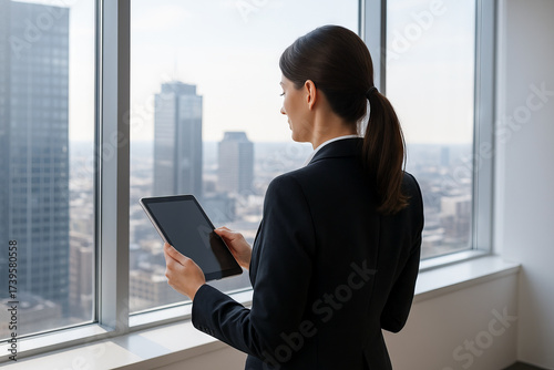 Business woman with tablet looking out of window in high-rise office building. concept of modern technology, professional life, cityscape view Free Download Business woman with tablet looking out of window in high-rise office building. concept of modern technology, professional life, cityscape view - GFXLoad