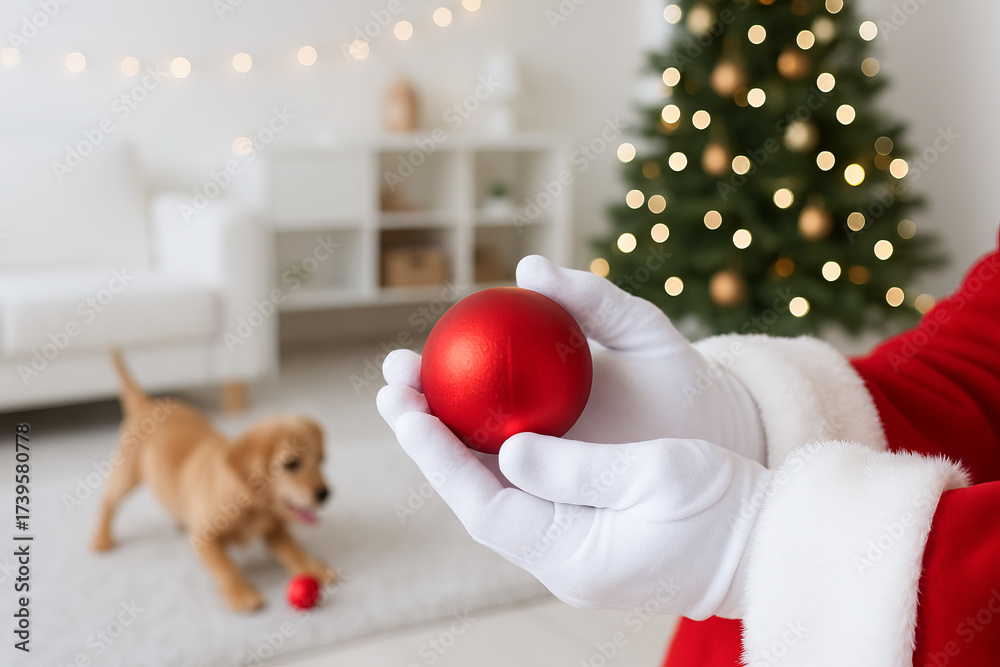 Fototapeta premium Santa claus figurine holding red ornament with puppy playing by christmas tree indoors and holiday decor. concept of festive decor, playful puppy, christmas celebration