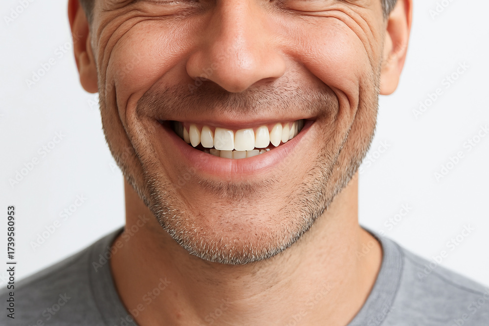 Fototapeta premium Close-up of a smiling man showing white teeth with stubble and gray shirt on a plain background. concept of happiness, positive emotion, oral health