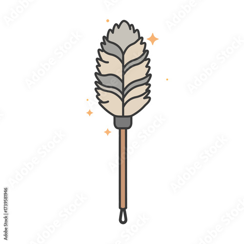 A simple illustration of a feather duster with a wooden handle.