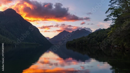 Mountain Lake Sunrise Reflection with Dramatic Sky and Forest Landscape