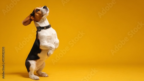 Beagle tricolor puppy is posing. Cute white-braun-black doggy or pet is playing on yellow background. Looks calm and confident. Studio photoshot. Concept of motion, movement, action. Negative space.
