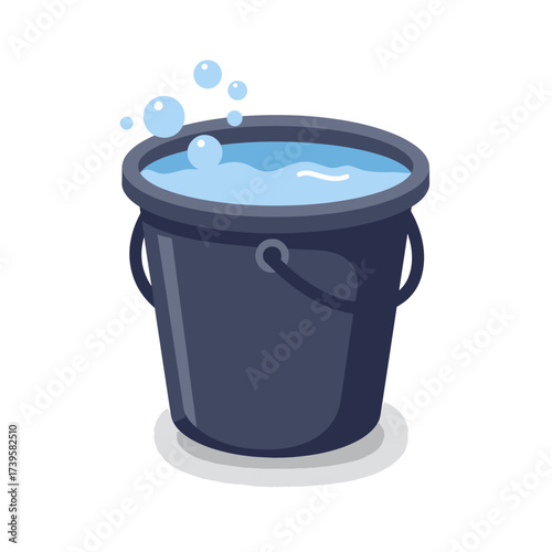 Dark blue bucket filled with water and bubbles illustration.