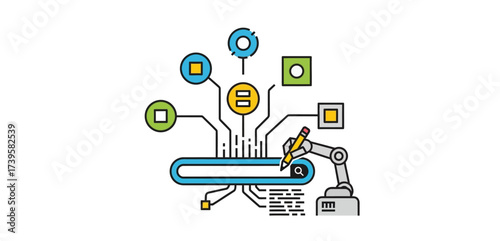 ai content creation automated robotic arm crafting content with search bar access ideal for digital marketing and ai-driven innovation content