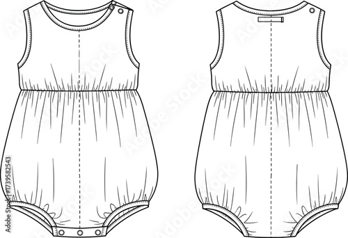 Baby romper sketch, sleeveless onesie vector, elastic leg opening CAD, front and back view, apparel design template, infant clothing illustration