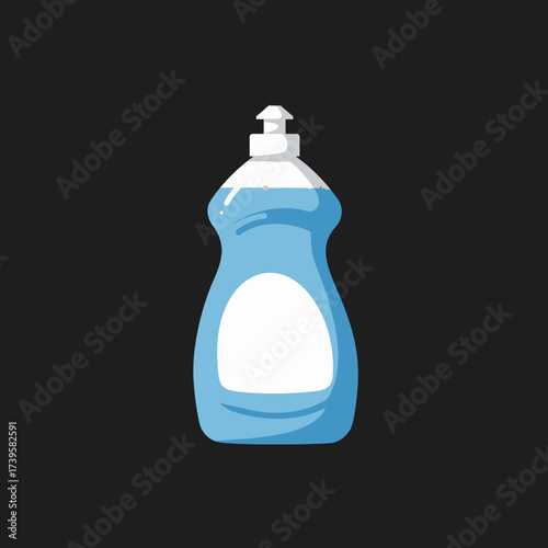 Dish soap bottle with blue liquid and white label.
