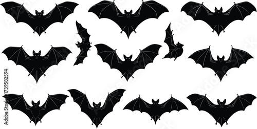 Black bat silhouettes in various flying positions, hanging bats, spooky Halloween vector illustration, nocturnal wildlife design for seasonal decoration, holiday theme, and eerie celebration art