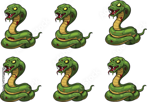 Cartoon green snake character set with fangs, wounds, expressions, coiled poses, yellow underbelly, isolated on white background illustration