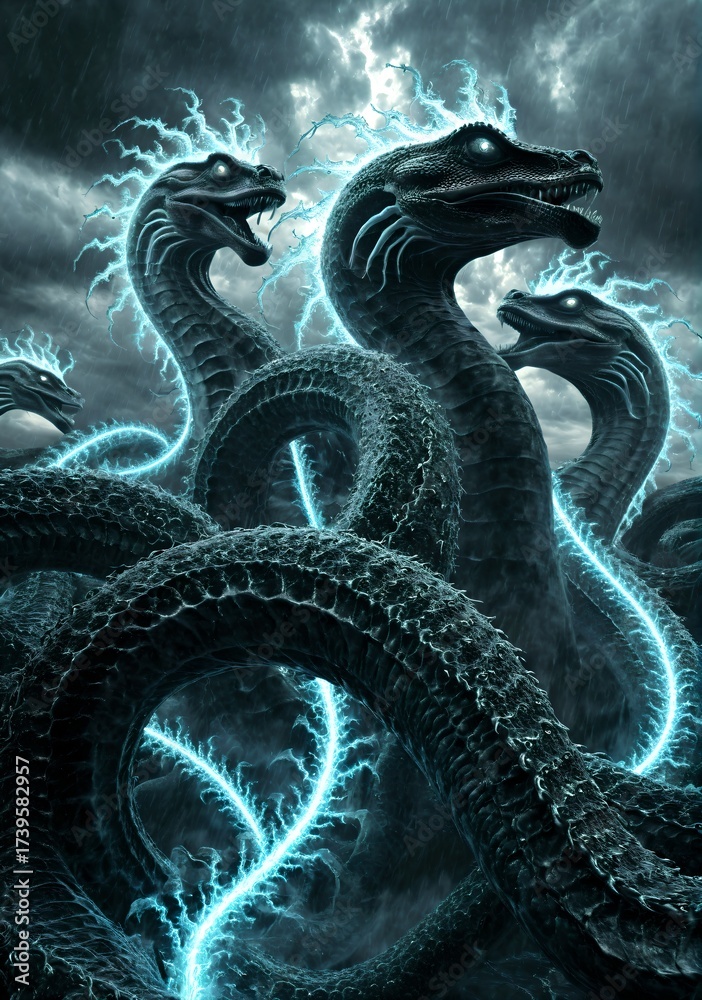 Obraz premium Fantasy Surreal Hydra Glowing Ethereal Heads Multiplying Into
