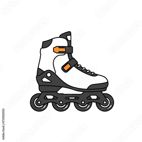 Inline skate boot with wheels for recreational outdoor activity.