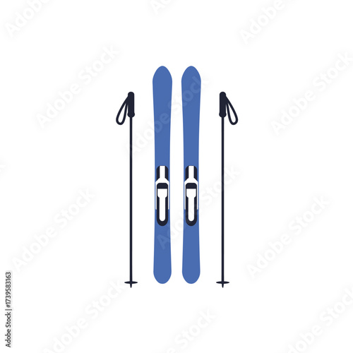 Pair of blue skis and ski poles for winter sports.