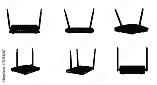Black silhouettes of wireless routers in various orientations displayed neatly