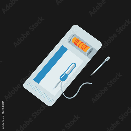 Sewing kit with needle thread and spool ready for use on black background.