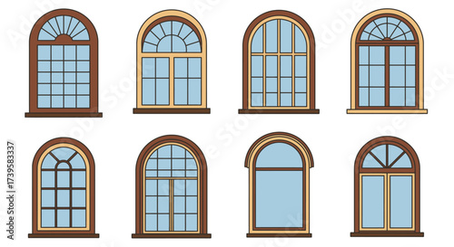 Collection of arched windows with varying designs and wooden frames