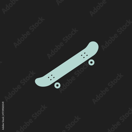 Skateboard illustration on black background showing the deck and wheels.
