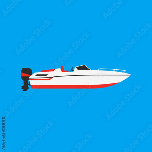 Sleek white and red speedboat with powerful outboard motor.