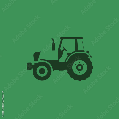 Tractor silhouette on a green background, representing agriculture and farming.