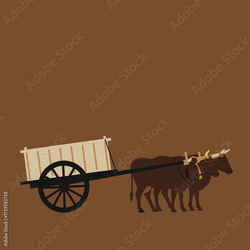 Two Oxen Pulling a Wooden Cart on a Brown Background.
