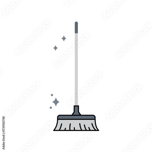 Upright broom with bristles and handle for floor cleaning and maintenance.