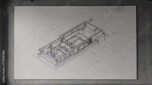 Isometric architectural drawing on display within a concrete industrial interior