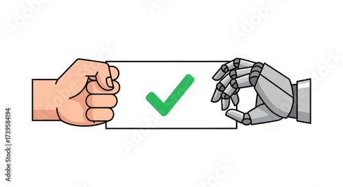 Human and ai collaboration holding agreement with check mark symbol showcasing synergy in project agreement for digital transformation.