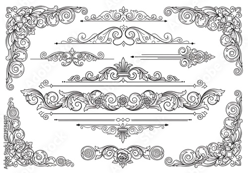 Elegant Vintage Flourish Decorative Borders Dividers and Corner Elements Set