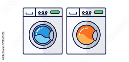 Laundry appliances front load washer and dryer units in a laundry room promoting home cleaning and appliances with a clean modern design.