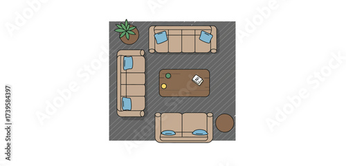 living room furniture arrangement illustration showing couches coffee table and plant perfect for interior design blog home decor ideas and space planning