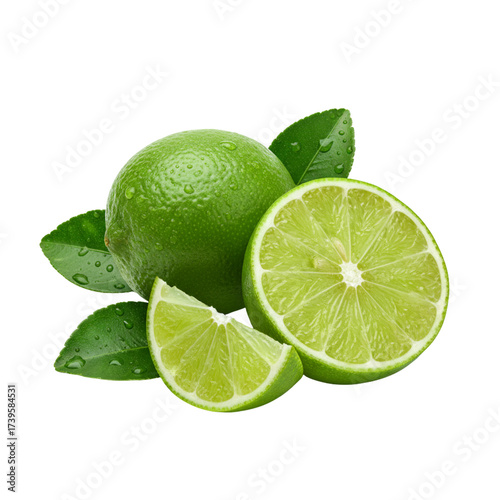 Fresh limes with slices and green leaves isolated on white background, ultra realistic studio photography with vibrant citrus fruit composition for advertising, packaging, and healthy food concepts